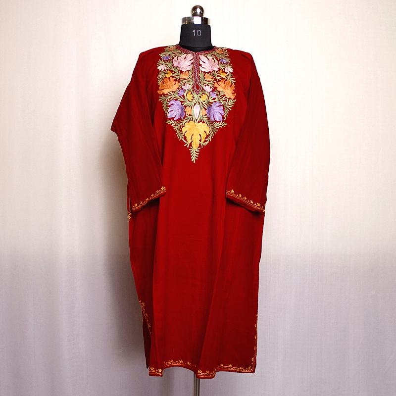 Red Cashmilon Pheran with Chinari Aari Work - Image 2