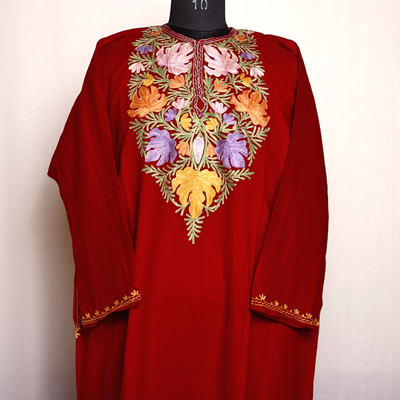 Red Cashmilon Pheran with Chinari Aari Work