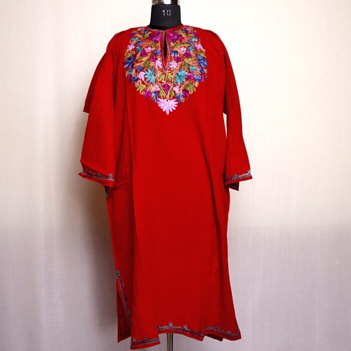 Red Cashmilon Pheran with Floral Aari Work - Image 2