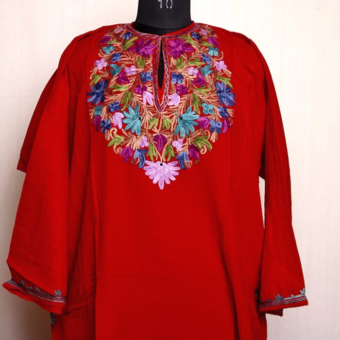 Red Cashmilon Pheran with Floral Aari Work