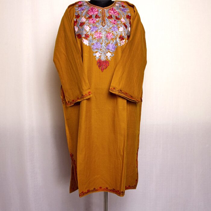 Mustard Cashmilon Pheran with Floral Aari Work - Image 2