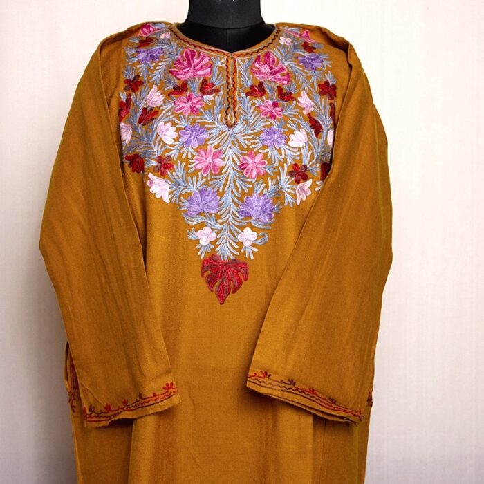 Mustard Cashmilon Pheran with Floral Aari Work