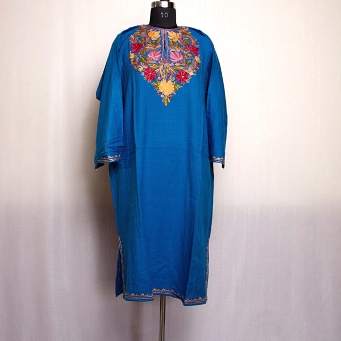 Blue Cashmilon Pheran with Floral Aari Work - Image 2