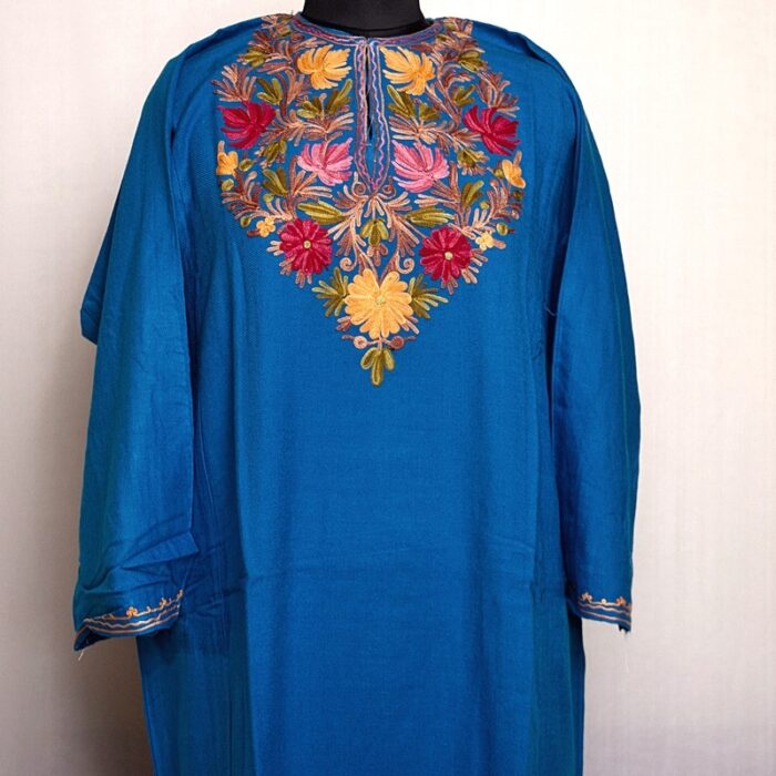 Blue Cashmilon Pheran with Floral Aari Work