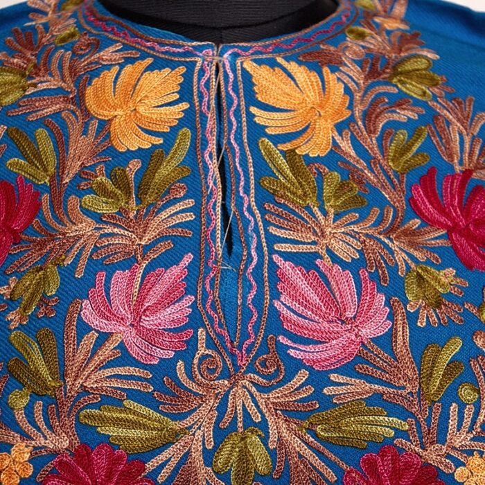 Blue Cashmilon Pheran with Floral Aari Work - Image 3