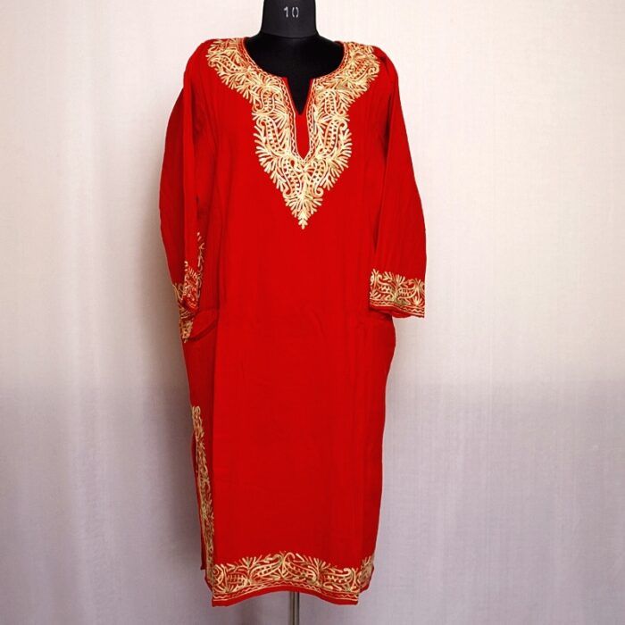 Red Cashmilon Pheran with Border Aari Work - Image 2