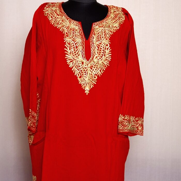 Red Cashmilon Pheran with Border Aari Work
