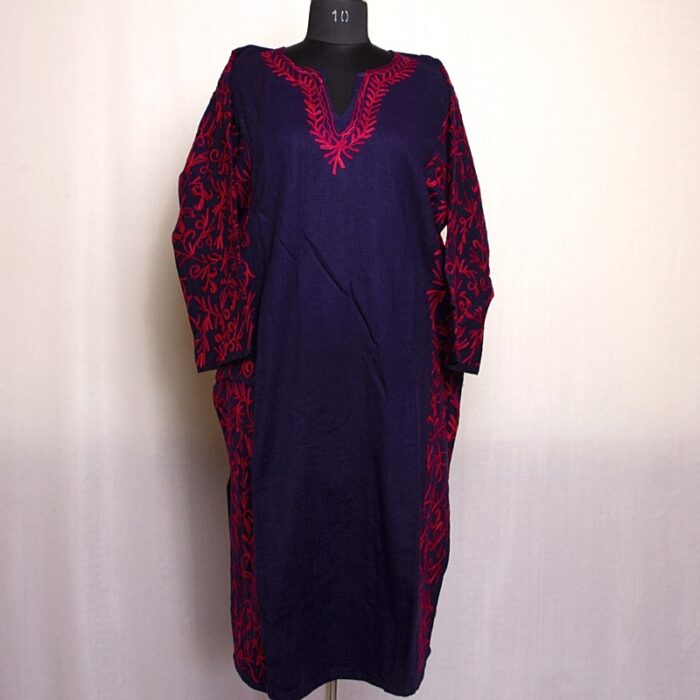 Dark Blue Cashmilon Pheran with Sidepanel Aari Work - Image 2