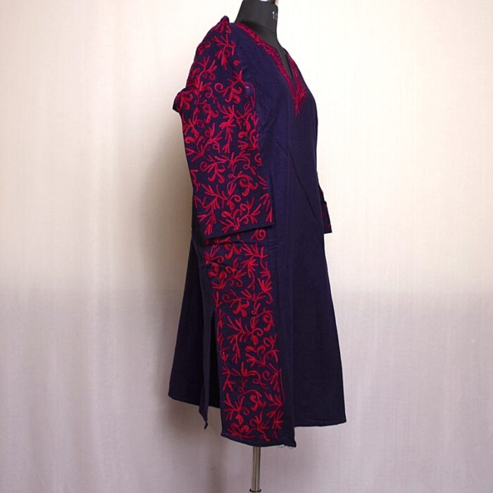Dark Blue Cashmilon Pheran with Sidepanel Aari Work - Image 3