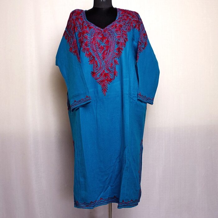 Blue Cashmilon Pheran with Front back Aari Work - Image 2