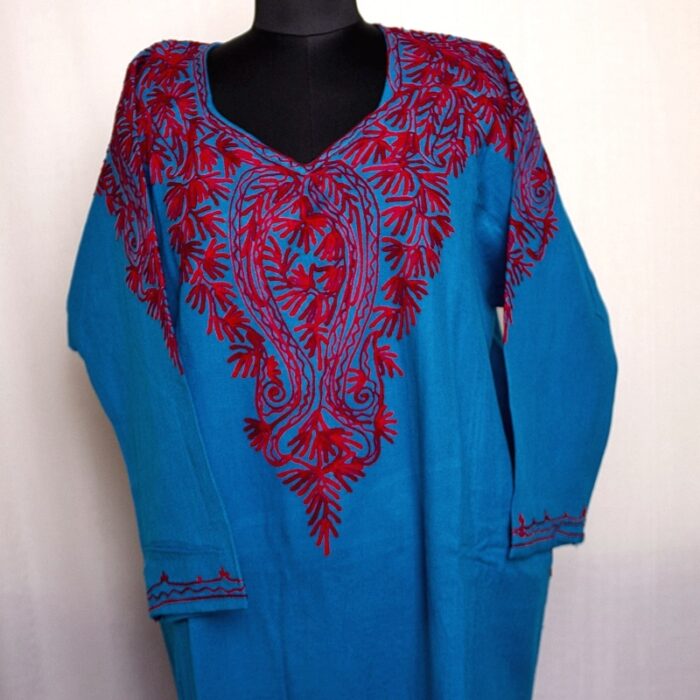 Blue Cashmilon Pheran with Front back Aari Work