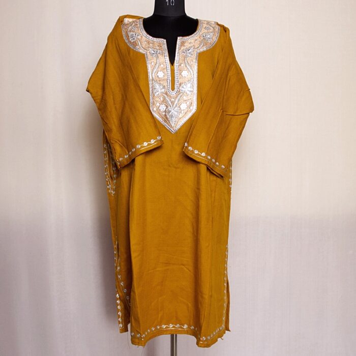 Mustard Fine Zari Cashmilon Pheran - Image 2