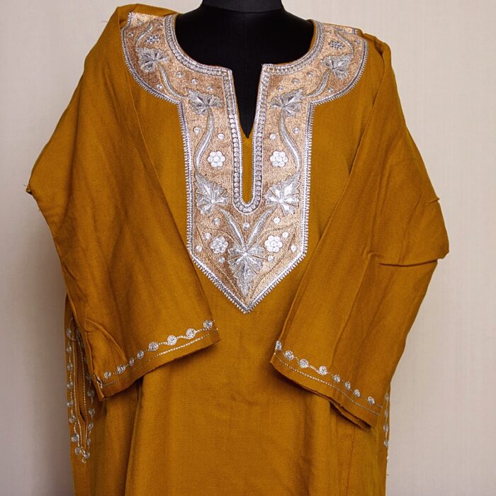 Mustard Fine Zari Cashmilon Pheran