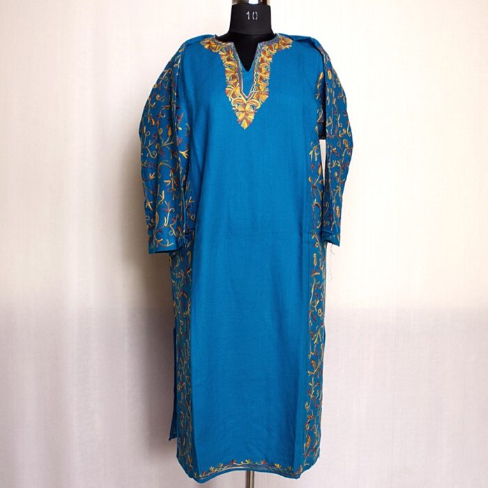 Blue Cashmilon Sidepanel Pheran with Fine Aari - Image 2