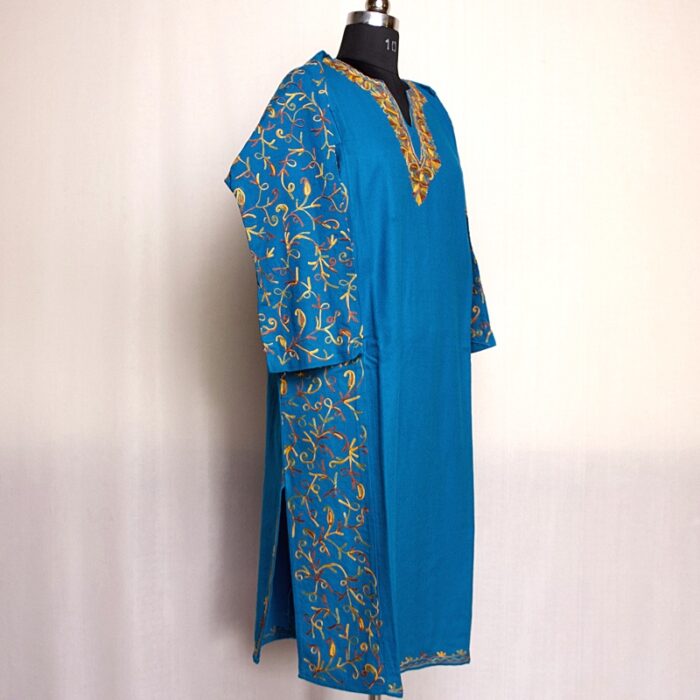 Blue Cashmilon Sidepanel Pheran with Fine Aari - Image 3