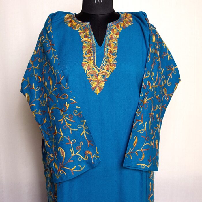 Blue Cashmilon Sidepanel Pheran with Fine Aari