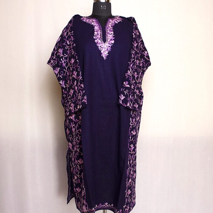 Dark Blue Cashmilon Sidepanel Pheran with Fine Aari - Image 2