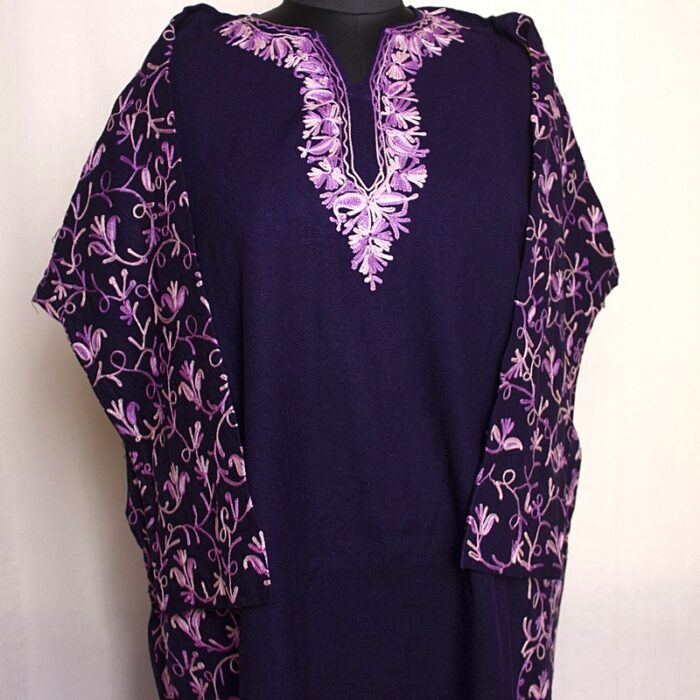 Dark Blue Cashmilon Sidepanel Pheran with Fine Aari