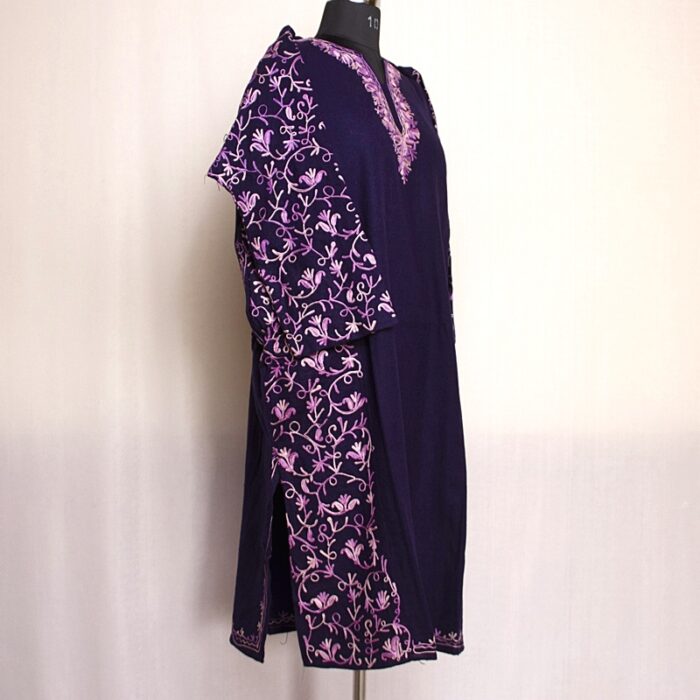 Dark Blue Cashmilon Sidepanel Pheran with Fine Aari - Image 3