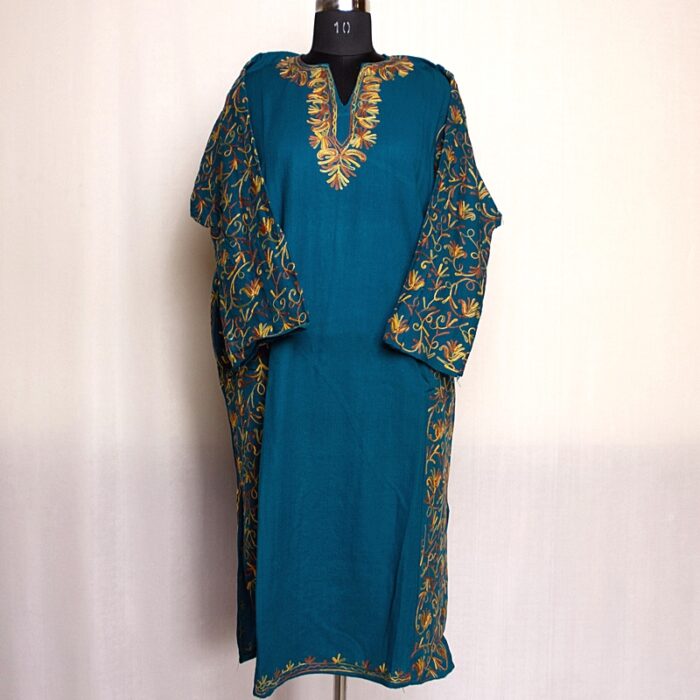 Teal Green Cashmilon Sidepanel Pheran with Beautiful Aari - Image 2