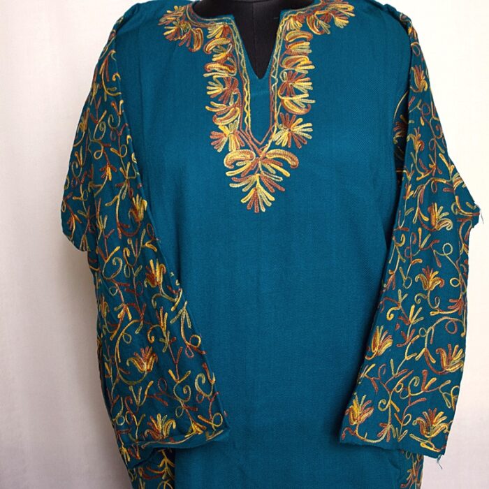Teal Green Cashmilon Sidepanel Pheran with Beautiful Aari
