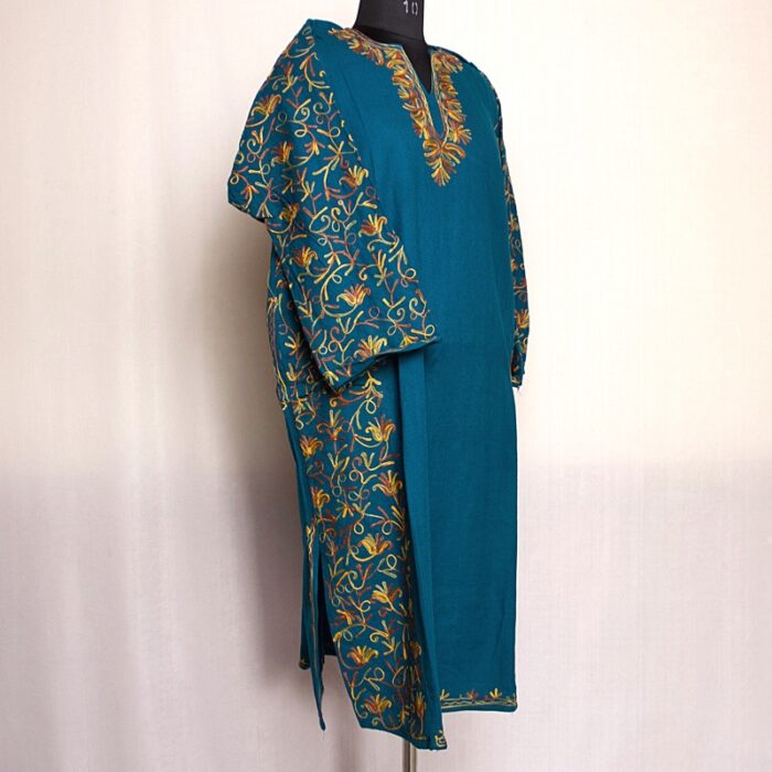 Teal Green Cashmilon Sidepanel Pheran with Beautiful Aari - Image 3