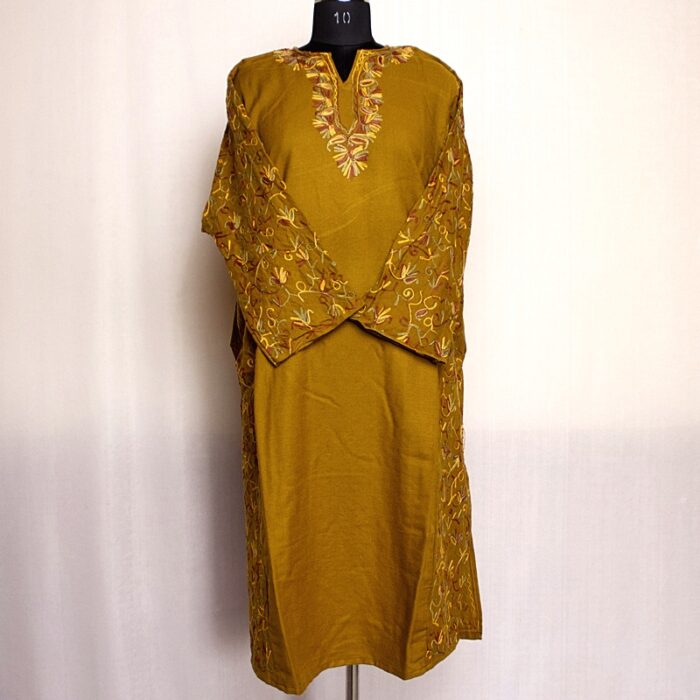 Mustard Cashmilon Sidepanel Pheran with Neat Aari - Image 3