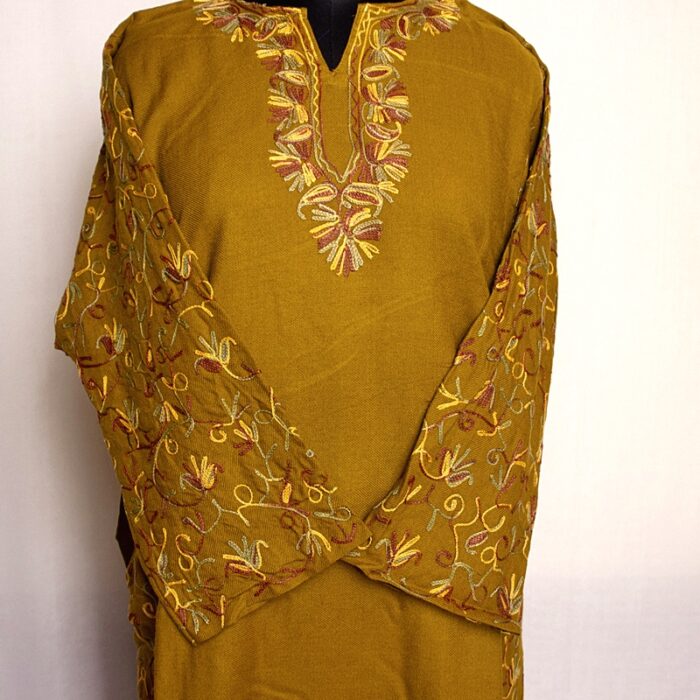 Mustard Cashmilon Sidepanel Pheran with Neat Aari