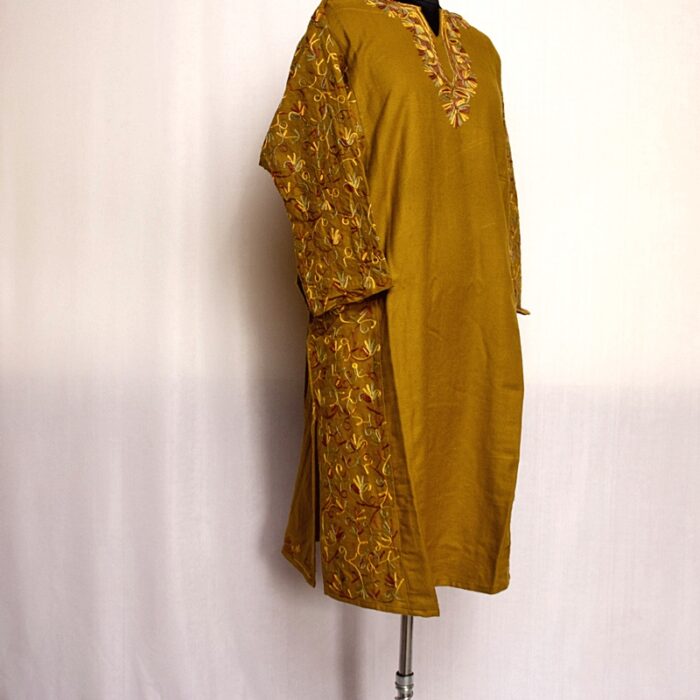 Mustard Cashmilon Sidepanel Pheran with Neat Aari - Image 2