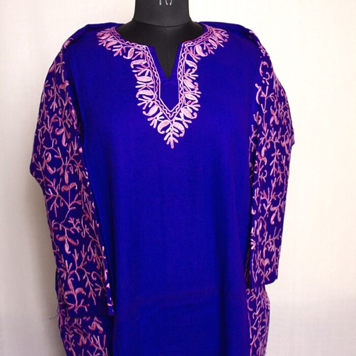 Dark Blue Cashmilon Sidepanel Pheran with Beautiful Aari