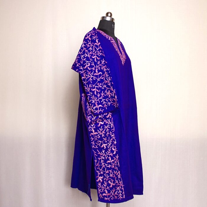 Dark Blue Cashmilon Sidepanel Pheran with Beautiful Aari - Image 2