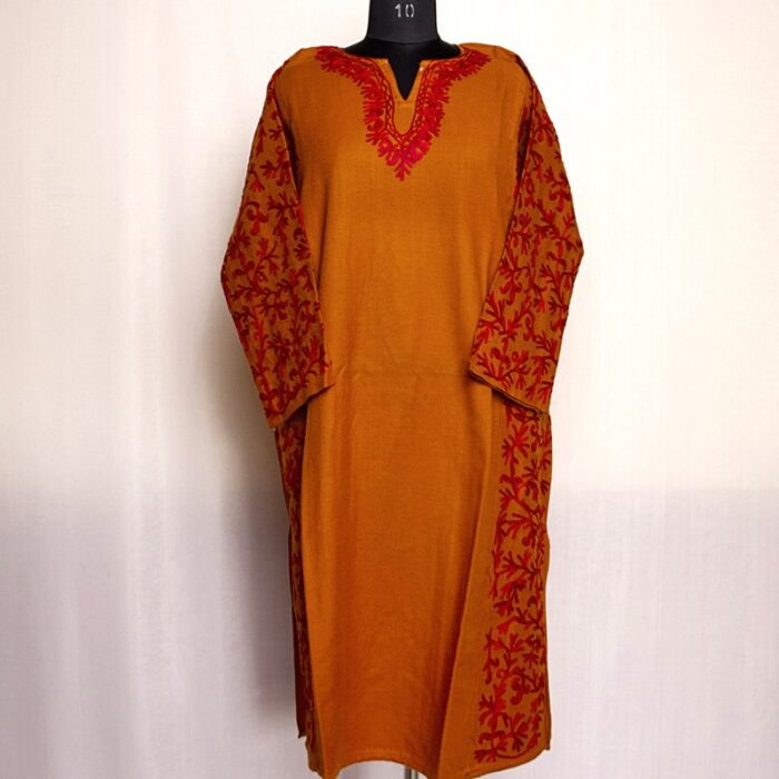 Dark Mustard Cashmilon Sidepanel Pheran with Aari Work - Image 2