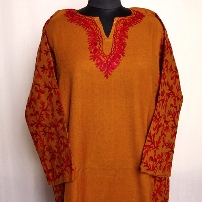 Dark Mustard Cashmilon Sidepanel Pheran with Aari Work