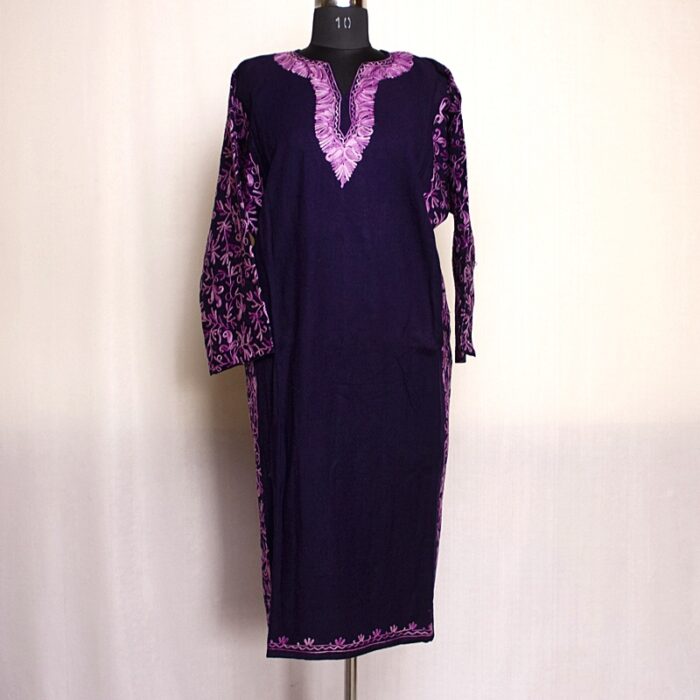 Dark Blue Cashmilon Sidepanel Pheran with Neat Aari - Image 2