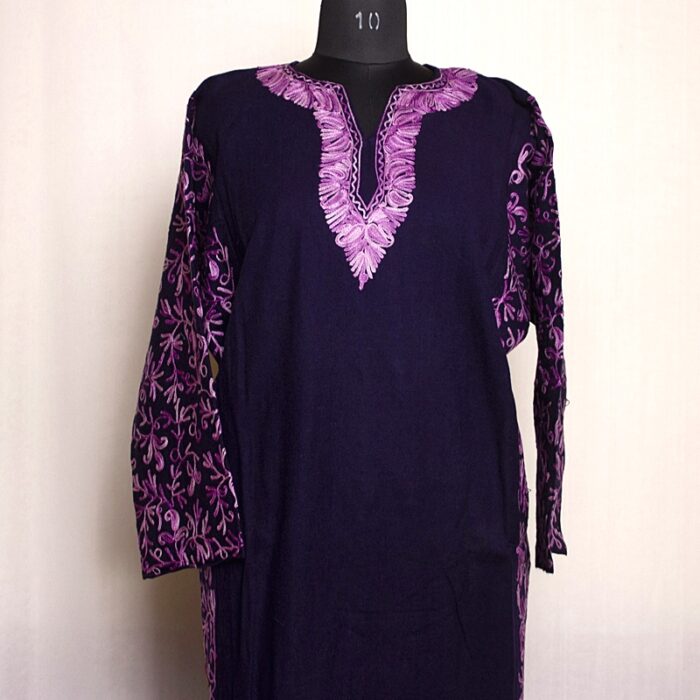 Dark Blue Cashmilon Sidepanel Pheran with Neat Aari