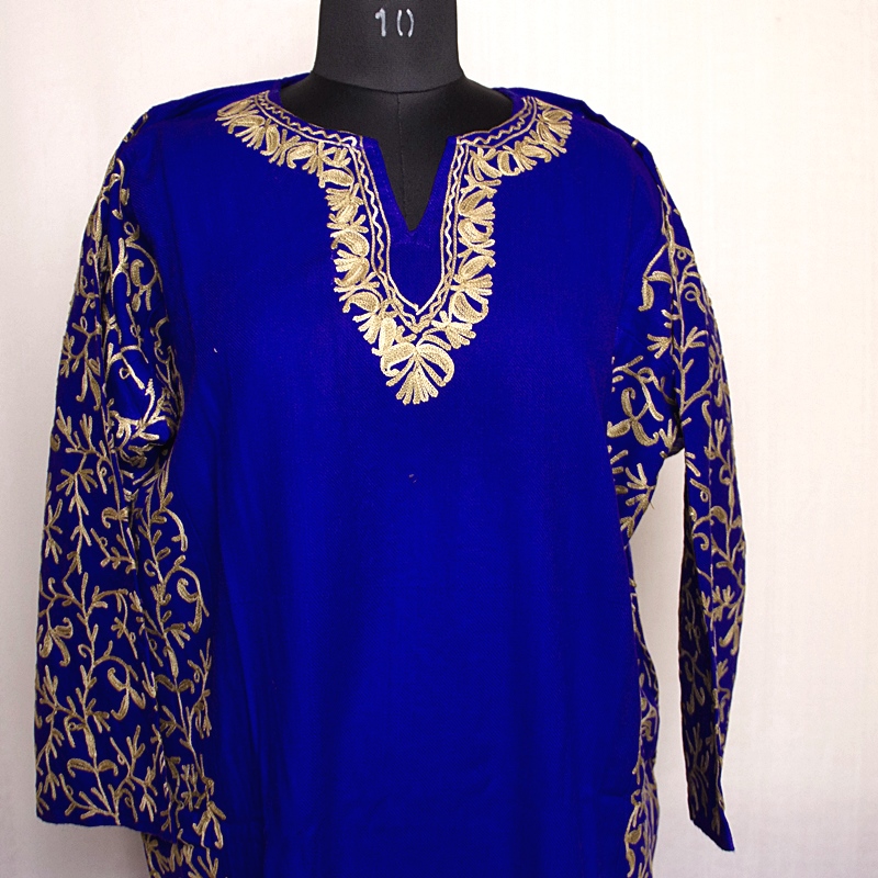 Dark Blue Cashmilon Sidepanel Pheran with Exquisite Aari