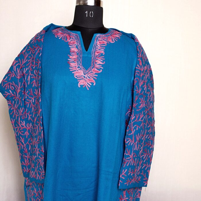Blue Cashmilon Sidepanel Pheran with Pink Aari