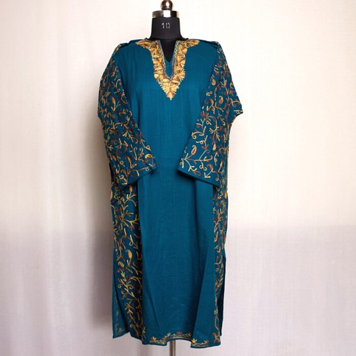 Teal Green Cashmilon Sidepanel Pheran with Neat Aari - Image 4