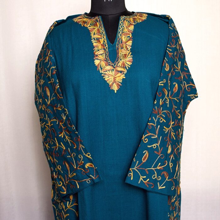 Teal Green Cashmilon Sidepanel Pheran with Neat Aari