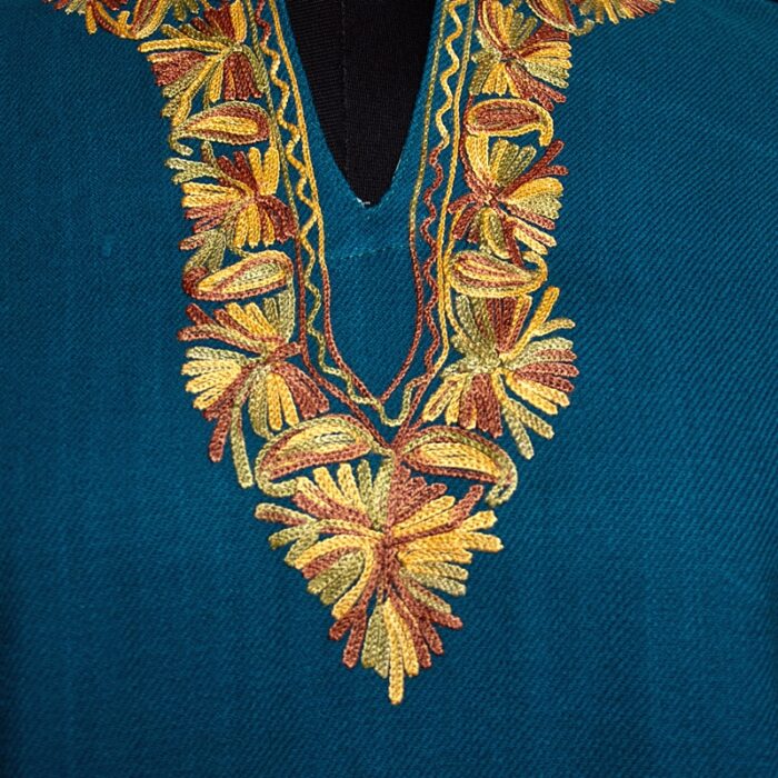 Teal Green Cashmilon Sidepanel Pheran with Neat Aari - Image 3