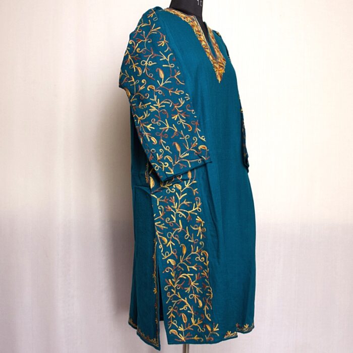 Teal Green Cashmilon Sidepanel Pheran with Neat Aari - Image 2