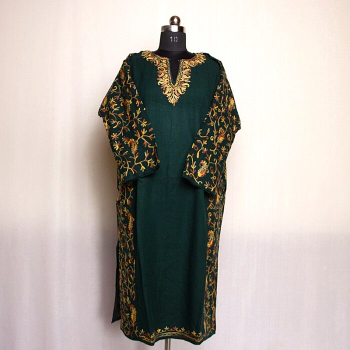 Dark Green Cashmilon Sidepanel Pheran with Beautiful Aari - Image 2