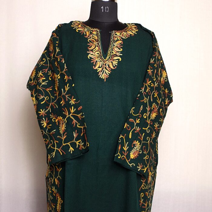 Dark Green Cashmilon Sidepanel Pheran with Beautiful Aari
