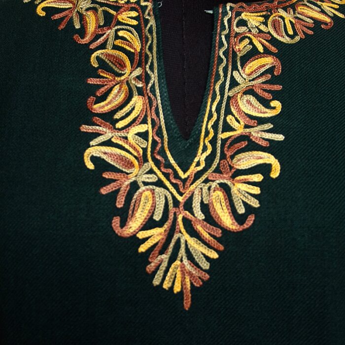 Dark Green Cashmilon Sidepanel Pheran with Beautiful Aari - Image 4