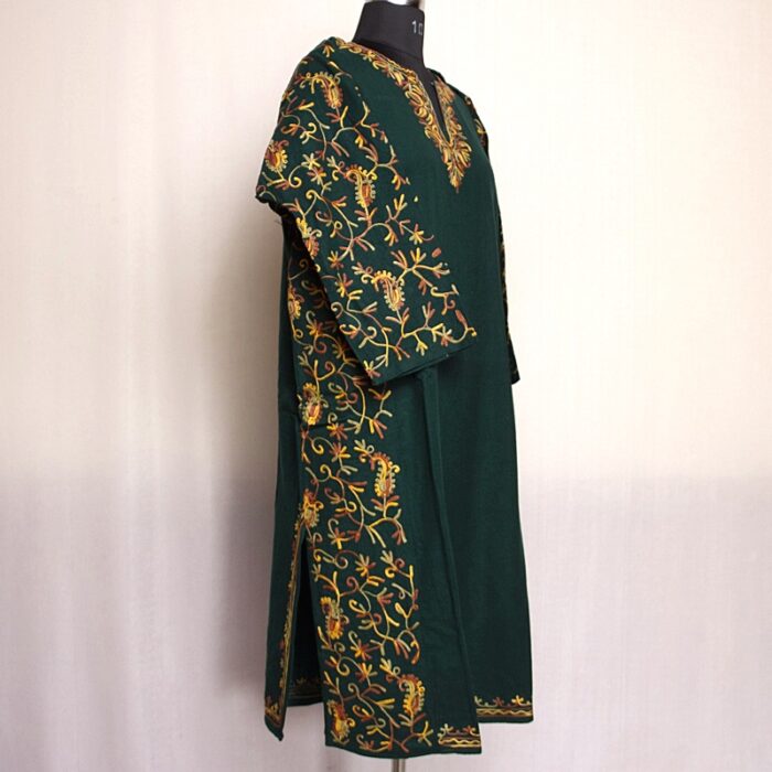 Dark Green Cashmilon Sidepanel Pheran with Beautiful Aari - Image 3
