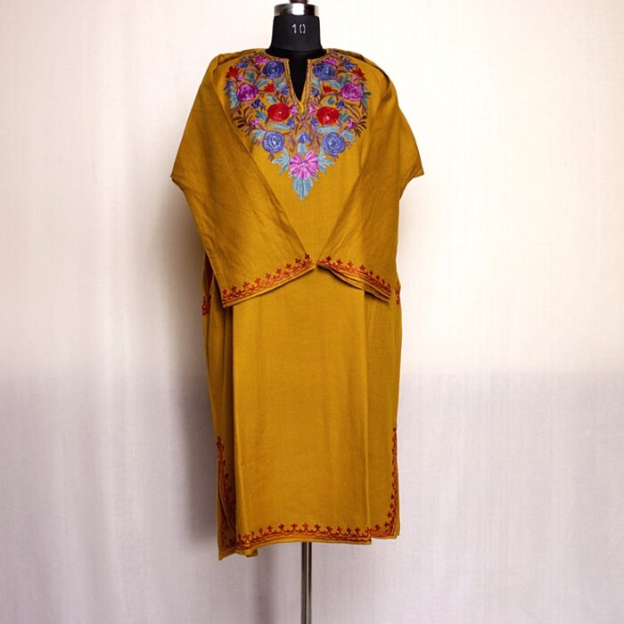 Mustard Cashmilon Pheran with Aari Work - Image 2