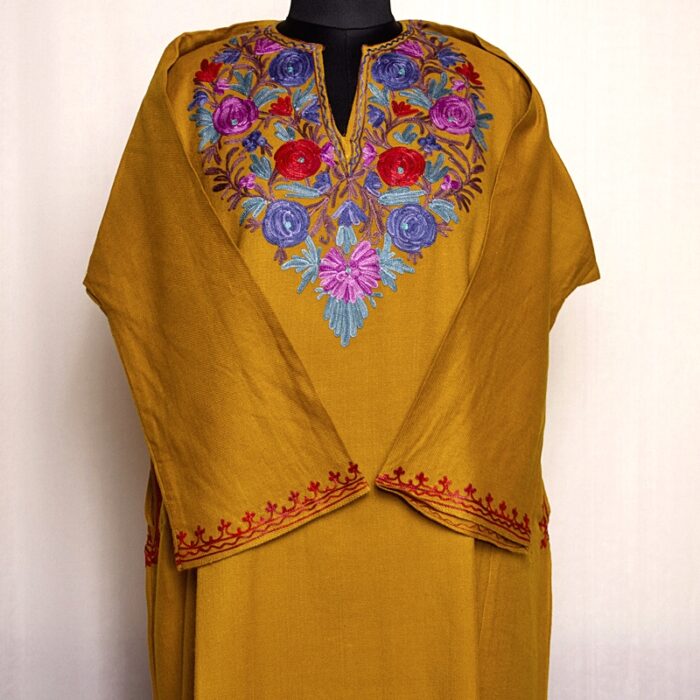 Mustard Cashmilon Pheran with Aari Work