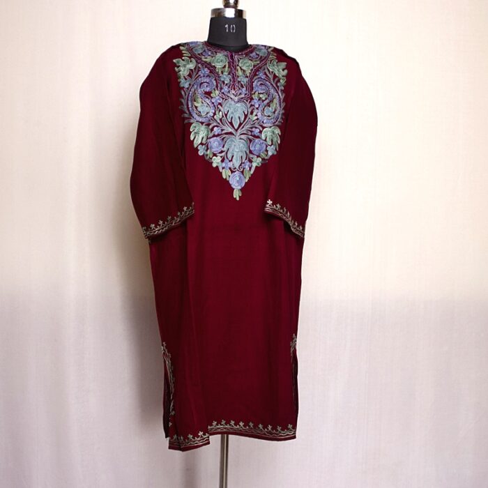 Wine Cashmilon Pheran with Aari Work - Image 2