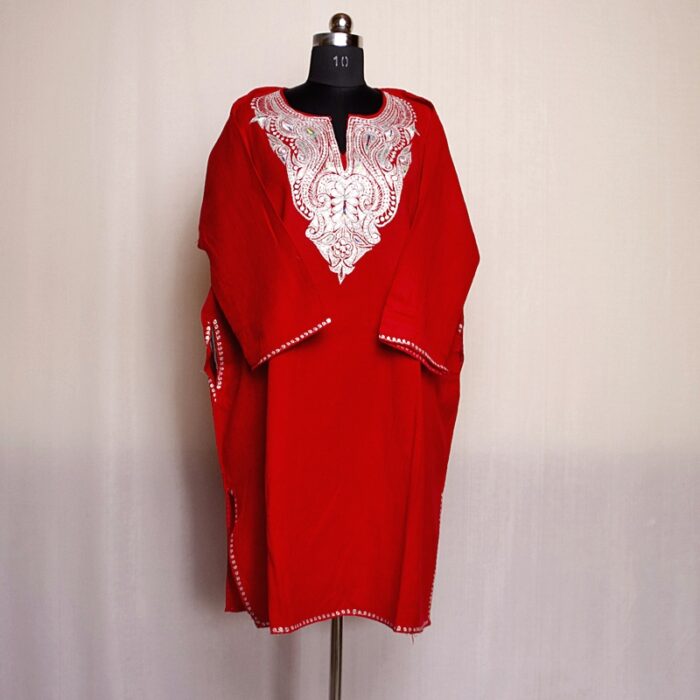 Red Raffal Tilla Pheran with Tilla work - Image 2