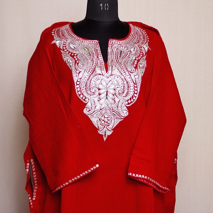 Red Raffal Tilla Pheran with Tilla work
